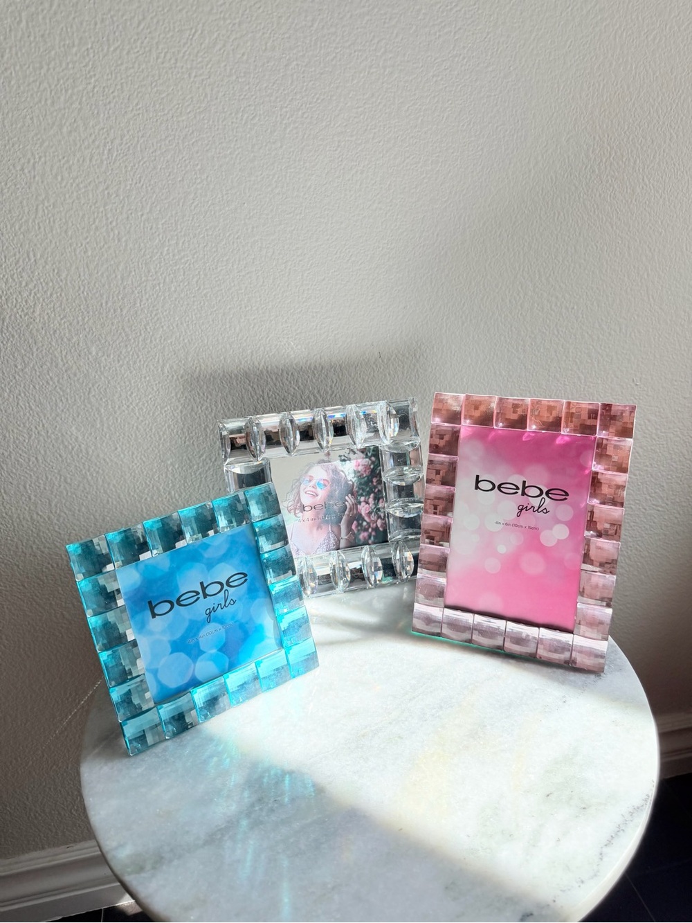 Bebe Girls Pink, Blue & Clear Bling Crystal Photo Frame Set